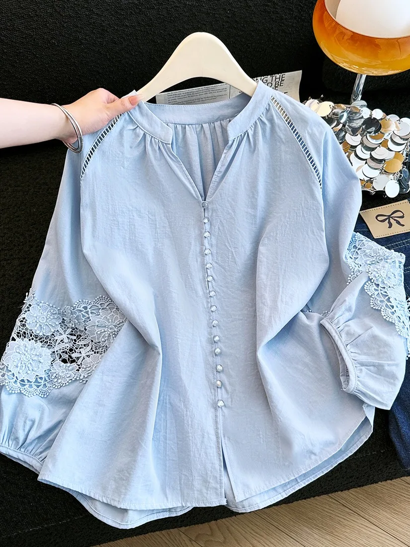 

Summer Thin Long Sleeve Women's Sun Protection Shirt Blue Embroidered Lace Loose Casual Style Polyester Fiber Lantern Sleeve