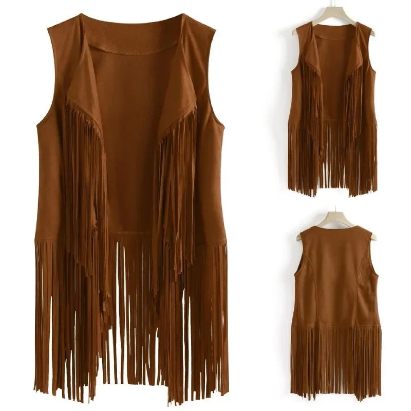 Fringe Vest Soft Cowgirl Vest Sleeveless Cropped Fringe Jackets Brown Tassel Vest Hippie Costumes 70s Fringe Vest for Women Fash