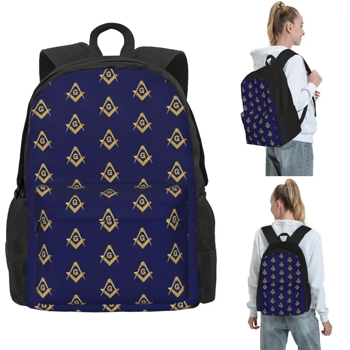 Freemason Pattern Gold Blue Square And Compass Masonic Backpack Hot Sale Daypack Large Capacity Boys Girls BookBag for Men Women