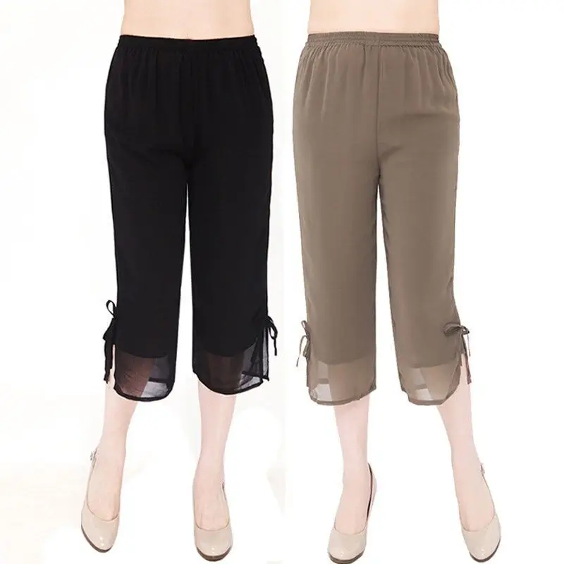 Ladies Casual Korean Lacing Solid Color Chiffon Elastic Waist Wide Leg Pants Summer Simplicity High Waist Calf-Length Pants