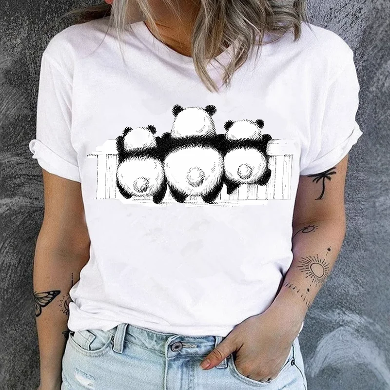Cute Panda Black & White Personalized T-shirt Short-Sleeved round Neck Top for Men And Women Cartoon Bear Design Summer polyeste
