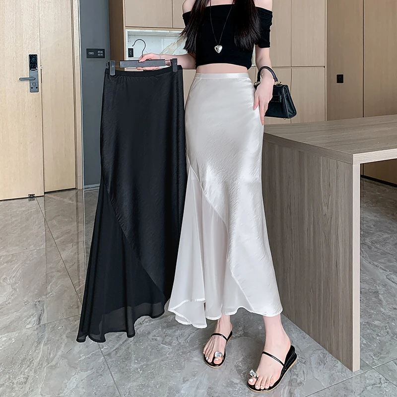 

Mesh fishtail Long Skirt Spring Summer High Waist Irregular A Line Suit Office Skirt Japan Elegant Casual Black Skirts
