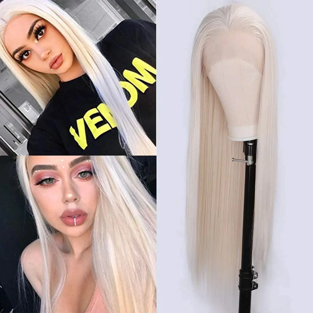 

FANXITION Platinum Blonde Long Synthetic Wigs Blond Silky Straight Lace Front Wig for Women Synthetic Half Hand Tied Daily Wear