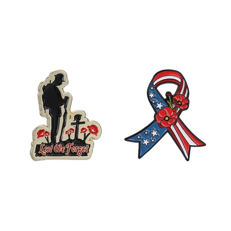 Creative Veterans' Memorial Badges, Cartoon Red Flower Ribbon-shaped Alloy Pins, Accessory for Clothing Bags, Gifts for Friends