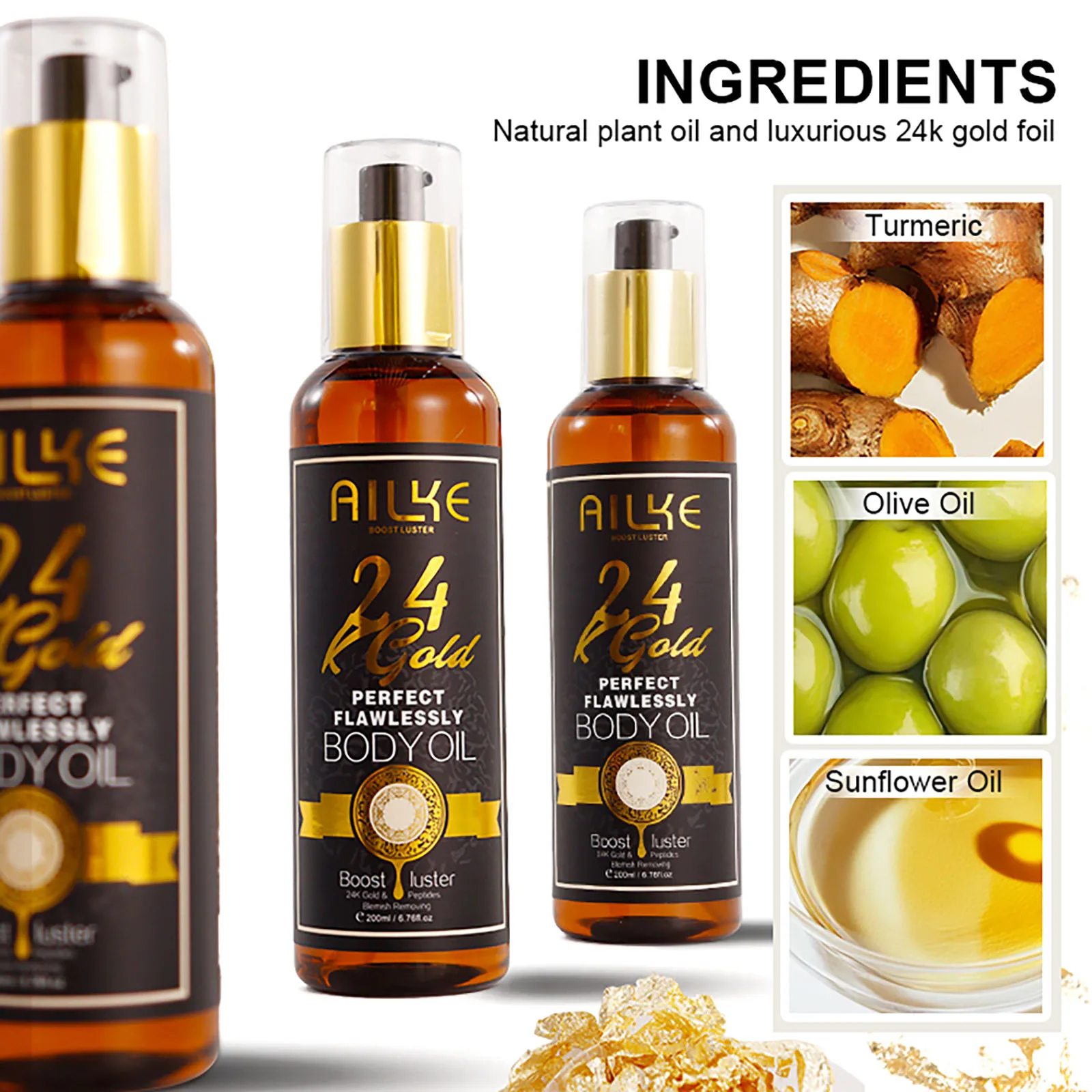 Zdjęcie 4: AILKE 24K Gold Flawlessly Body Oil, naturalny olejek roślinny dla kobiet, nawilżacz do skóry, redukcja przebarwień, wygładzanie, odżywianie, 200ml
