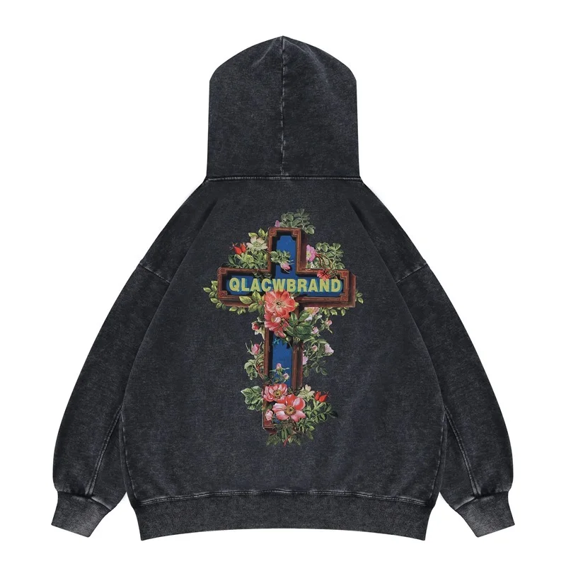 Men's 2025 Autumn/Winter New Product Trendy Brand Cross Print Stir Fried Snowflake Vintage Hoodie