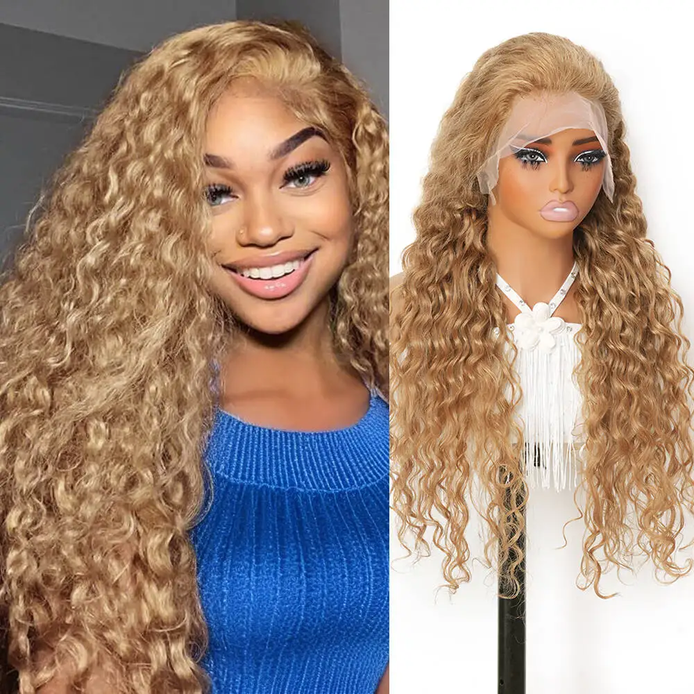 

Медовый блондин Волна воды Парики фронта шнурка Человеческие волосы 13x6 HD Кружева Предварительно заплетенный вьющийся парик для женщин 200% Плотность Глубокая волна Цветной # 27