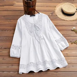 Women's Fashion Casual Loose Pleated Lace Hollow O-Neck Blouse Top