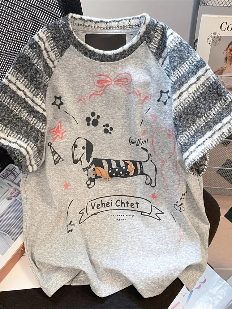

American Vintage Cute T Shirts Cartoon Print Patchwork Contrast Color Tees O Neck Short Sleeve Tops Preppy Style Women Clothing