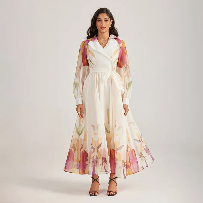 เดรสลำลองอเนกประสงค์แฟชั่นสำหรับผู้หญิง กระดุมเดี่ยว แขนยาว ลายดอกไม้ ช่วงเอวเข้ารูป ทรงแม็กซี่ เหมาะสำหรับใส่ทำงาน