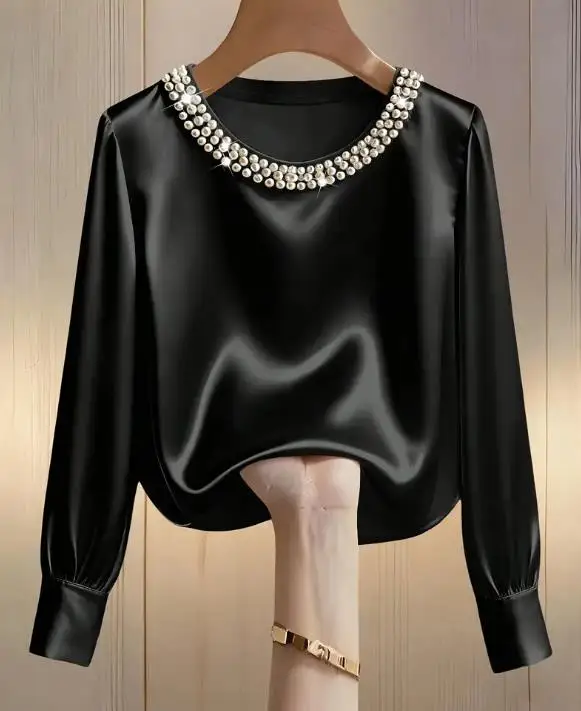 

Women's Shirt 2025 Spring High-End Pearl Round Neck Satin Shirt Top Temperament Commuting Glamorous Socialite Elegant Shirt