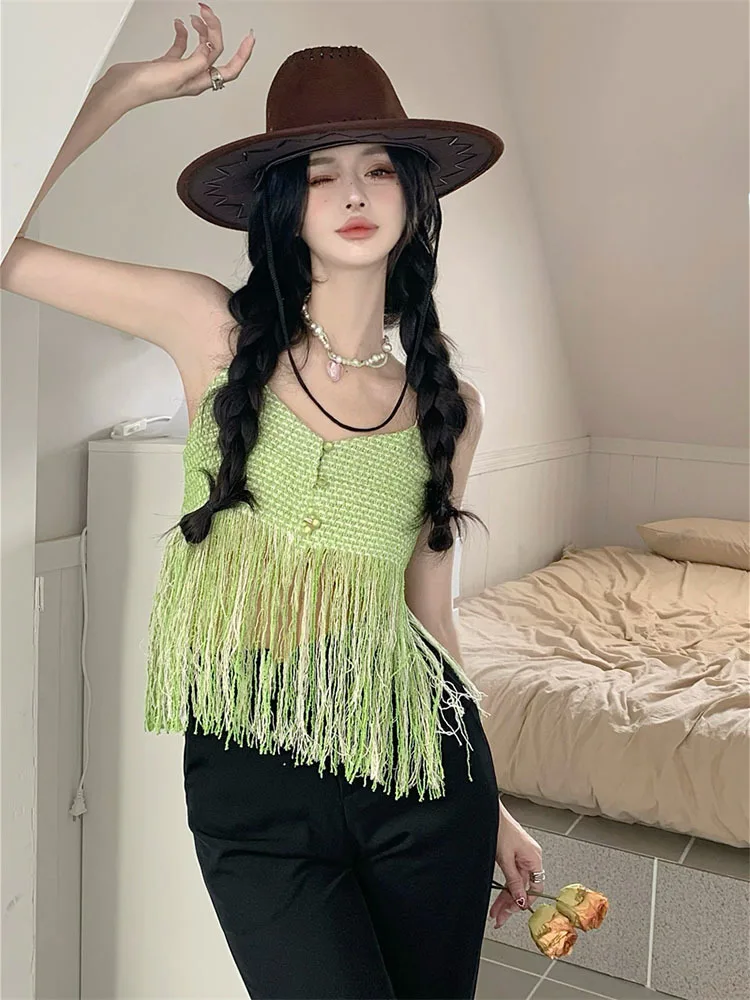 

Sexy Off Shoulder Tassel Sling Top 2024 Summer New French Knitted Open Navel Tank Top