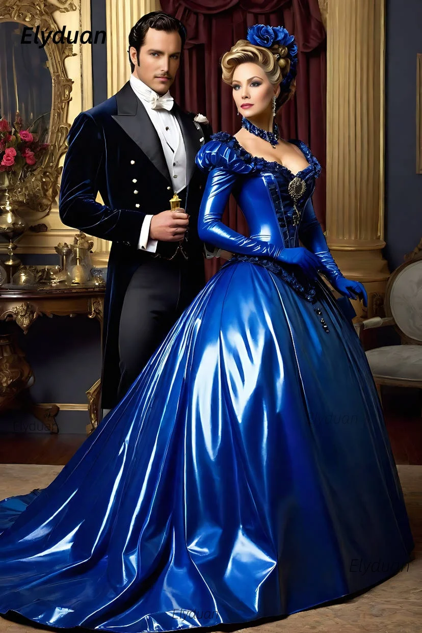 Historisches viktorianisches blaues PVC-Glänzungsballkleid mit langen Ärmeln, Prinzessinnen-Ballkleid, Abendkleider, königsblaues Kostüm, individuell gestaltet