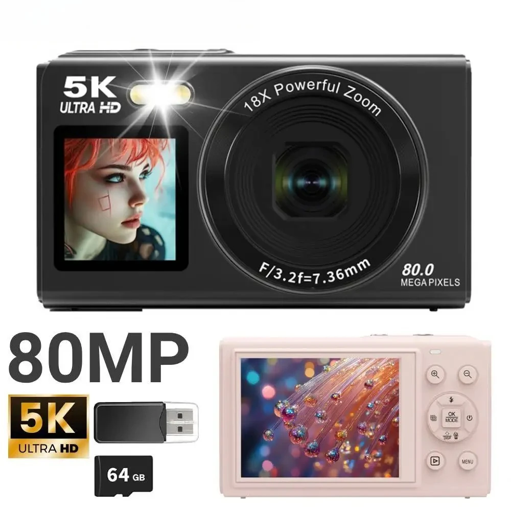 

Портативная цифровая камера CCD с двумя экранами и 18-кратным зумом, 80-мегапиксельная ПЗС-камера для селфи с картой 64 ГБ