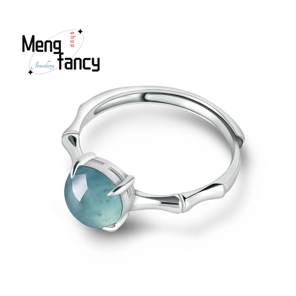 Natural A-goods Jadeite Blue Water Bamboo Ring Ice Jade S925 Silver Inlaid Couple Promise Luxury Jewelry High-grade Holiday Gift