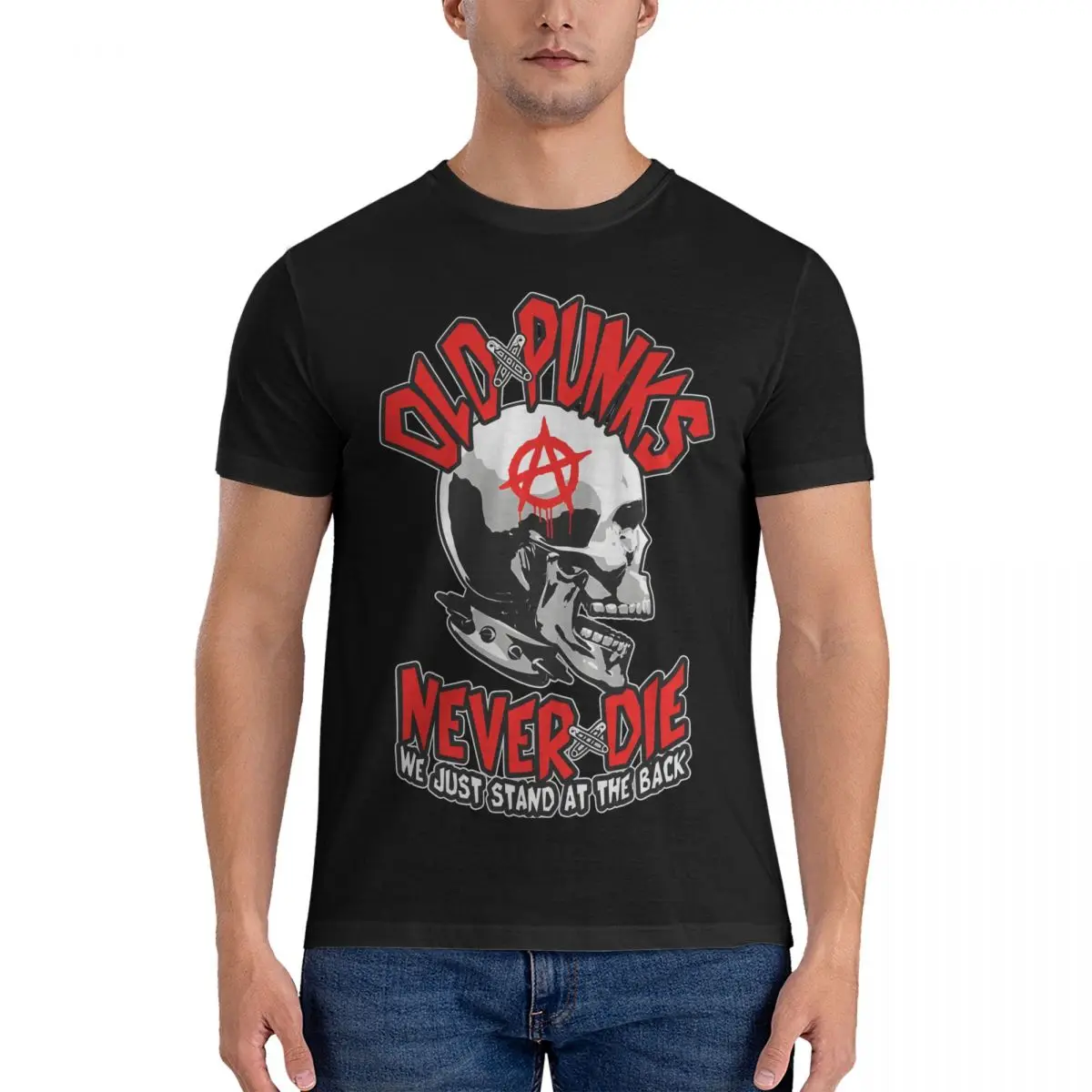 Punk Rock Music Mohawk Skull Vintage Cotton Tee Shirt Short Sleeve Old Punks Never Die T Shirts Round Neck Clothes Gift Idea