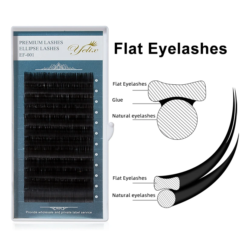 Yelix Ellipse Flat Eyelash Extension Split Tips Black False Lashes Super Soft Flat Shaped Individual Faux Mink Eyelashes