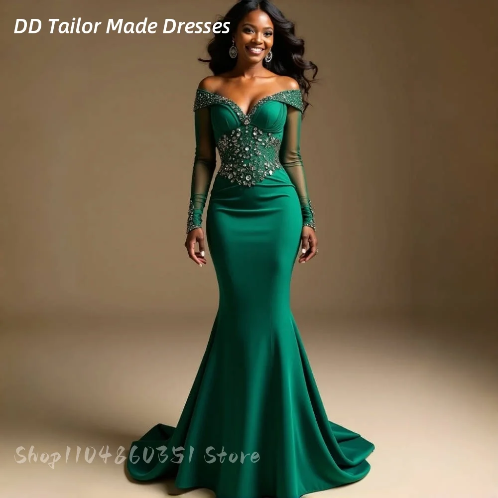 

Emerald Green Satin Mermaid Evening Dress Crystal Beads Off Shoulder Long Sleeves Slim Formal Occasion Gown Customized Prom Wear