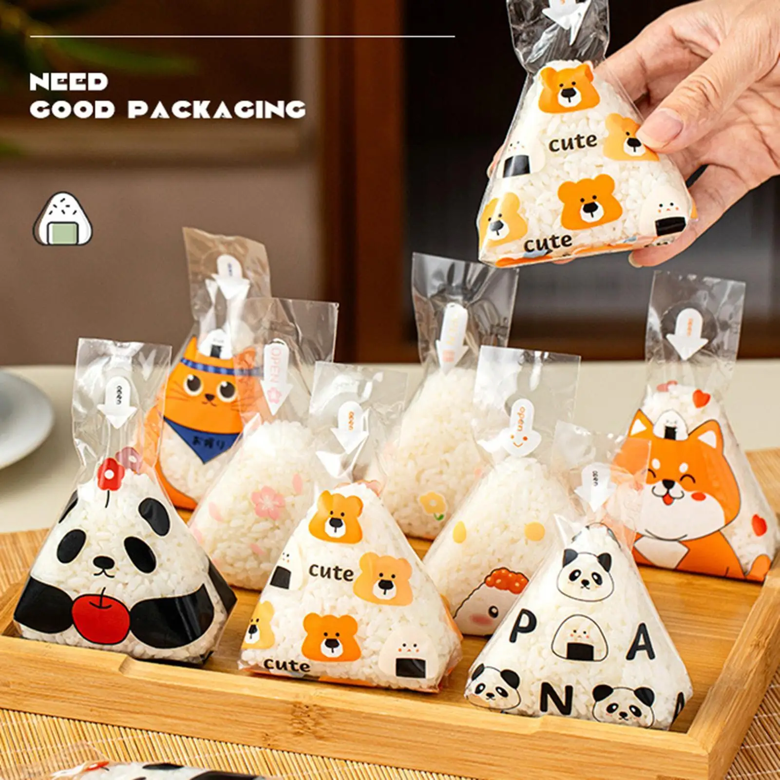 Envoltura de bolas de arroz, embalaje triangular de sushi, 50 hojas, envoltorios de bolas de arroz resistentes al calor con pegatinas de dibujos animados para el hogar y la cocina