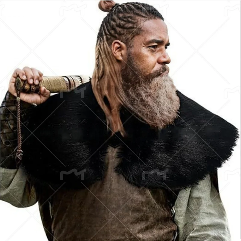 QICHE Men Medieval Warrior Cloak Viking Style Faux Fur Cape Shawl Fur Collar Halloween Party Cosplay Outfit