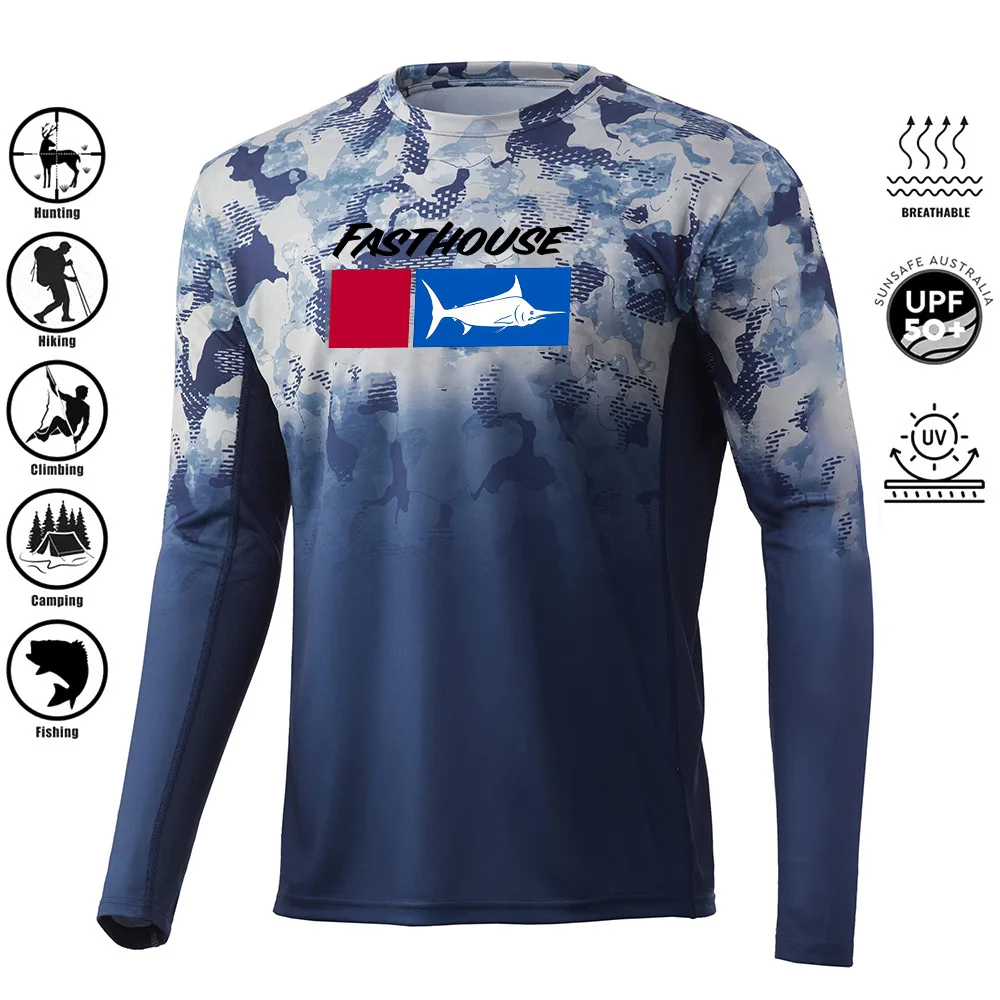 UPF50+ Fishing Shirt Long Sleevehunting Blue Camouflage 2024 Man Outdoor Moisture Wicking Jersey Fishing Apparel