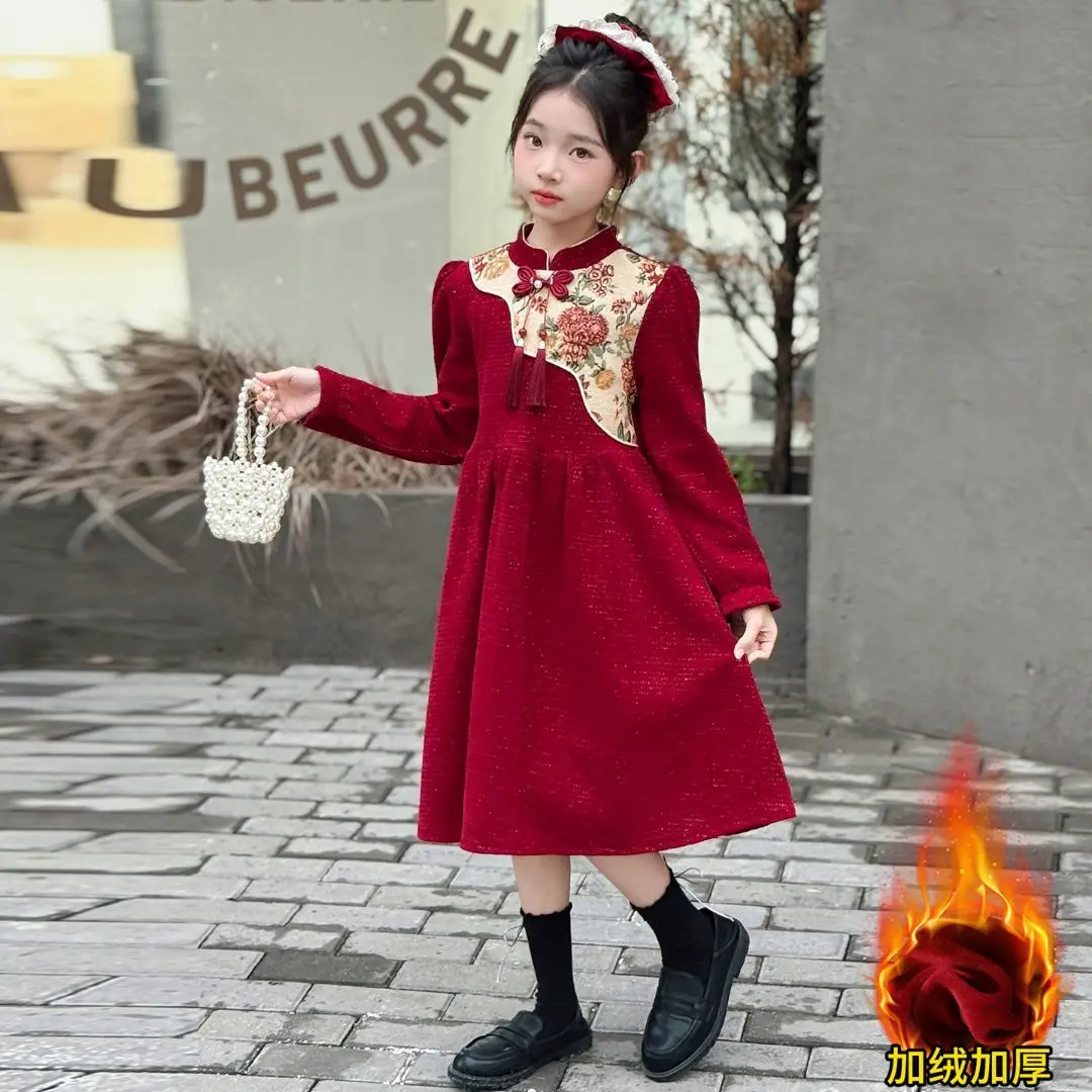 Winter children girls new Chinese dress lotus lace collar fold waist oblique bow buttons red warm elegant festive dress