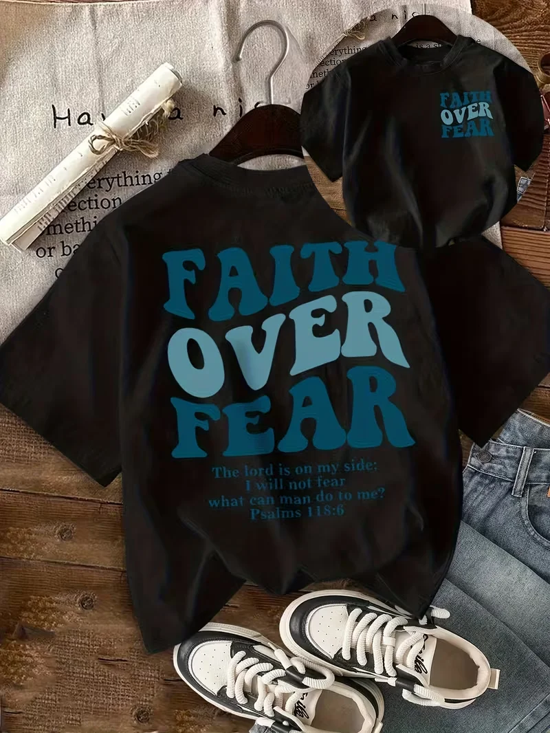 Faith Over Fear Motivational Graphic Women's T-shirt Summer Daily Wear Double-sided Print Casual Crew Neck Short Sleeve Top