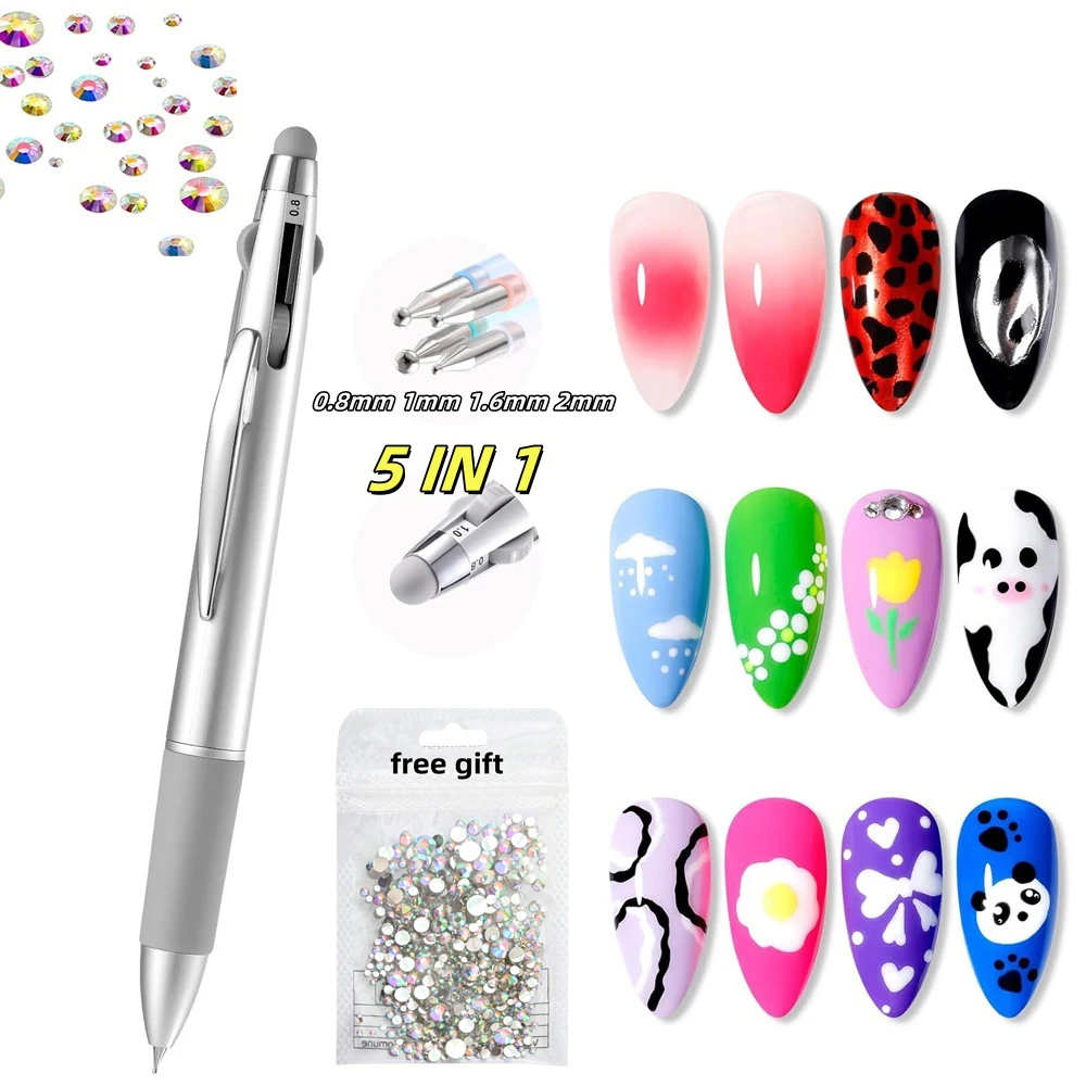 

5-in-1 Nail Art Dotting Pen Press-Type Multi-Headed Nail Art Tools for Wave Point/Smudge/Wire-Drawn/Spot Drill & Dusting Powder*