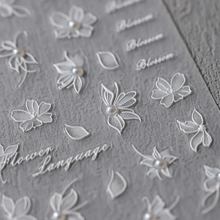 1Pcs 5D Embossed White Dahlia Flower Nail Art Sticker with 3d Pearl Butterfly Floral Slider Japanese&Korean DIY Manicure Decals
