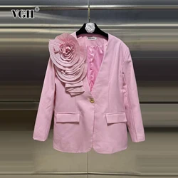 VGH Solid Patchwork Appliques Blazer Casual per donna scollo a V manica lunga bottone impiombato Blazer larghi minimalisti moda femminile