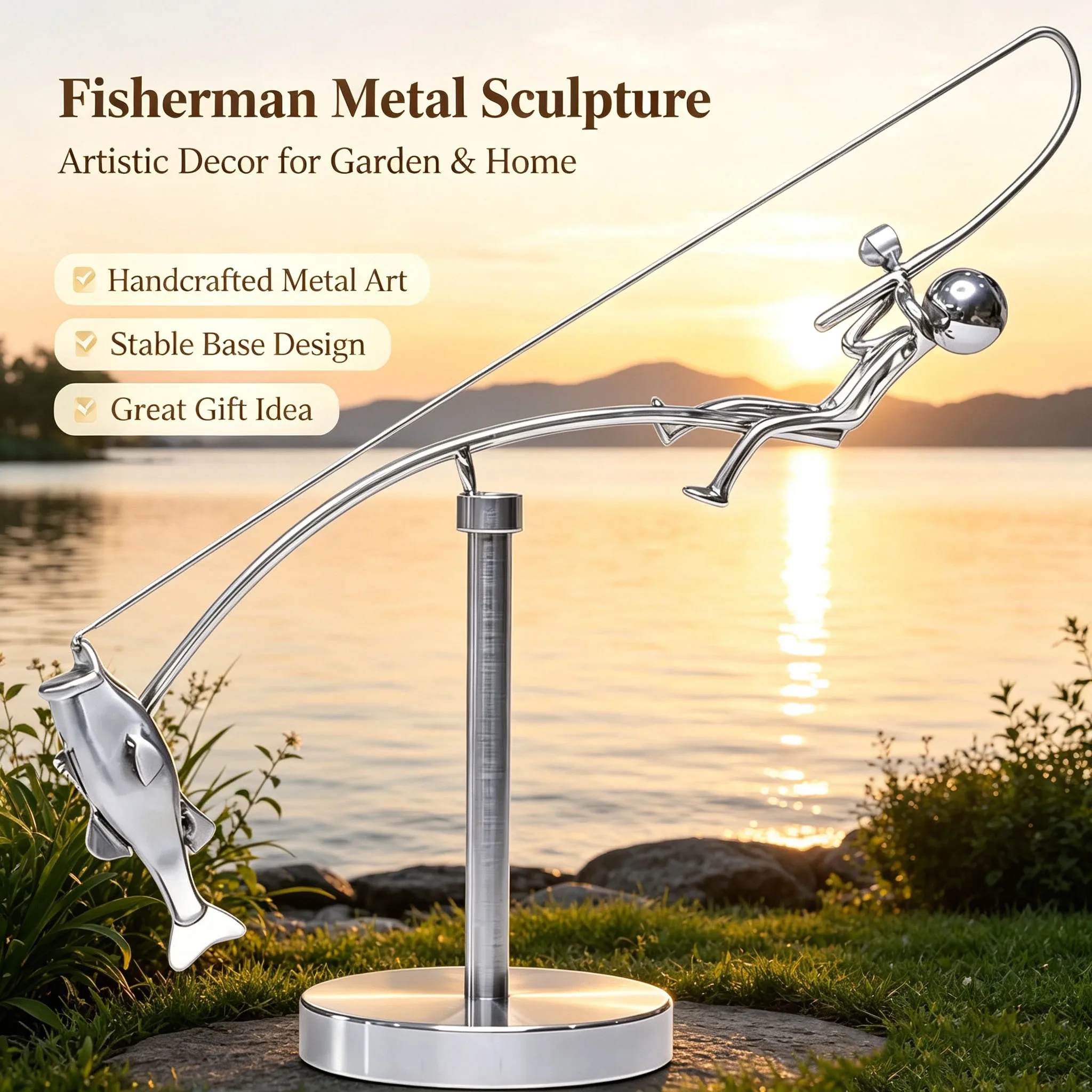 Fisherman Balancing Sculpture Polished Stainless Steel Desk Ornament Fishing Statue Art Desktop Decor For Fisherman Lovers
