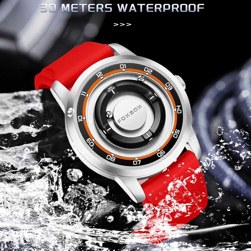FOXBOX Men's Watches Red Silicone Quartz Watch For Men Creative Scrolling Pointer Magnetic Force Wrist Clock Relogio Masculino