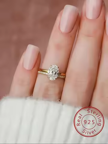 925 Sterling Silver Luxury Golden Oval Stackable Zircon Ring For Women Engagement Wedding Fashion High Quality Fine Jewelry