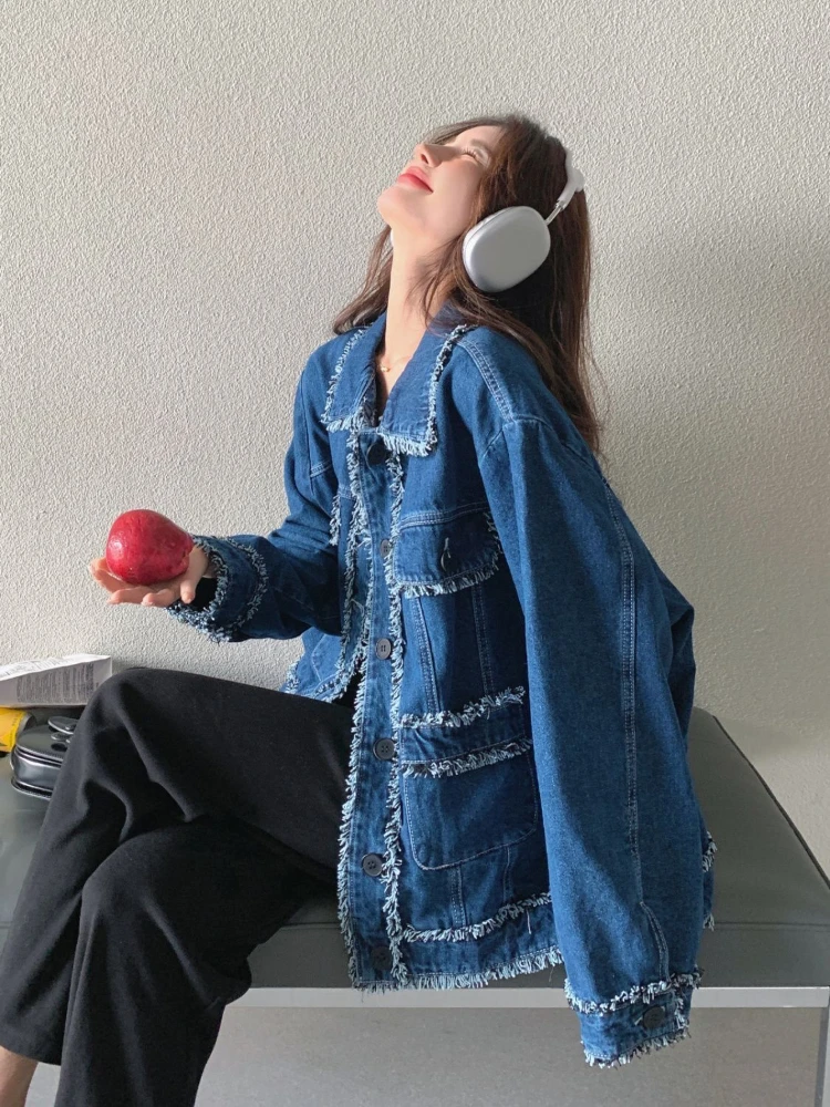 

Women's Streetwear Denim Jacket with Vintage Vibe Casual Spring Autumn Coat Featuring Multiple Pockets Long Sleeve Jeans Coat