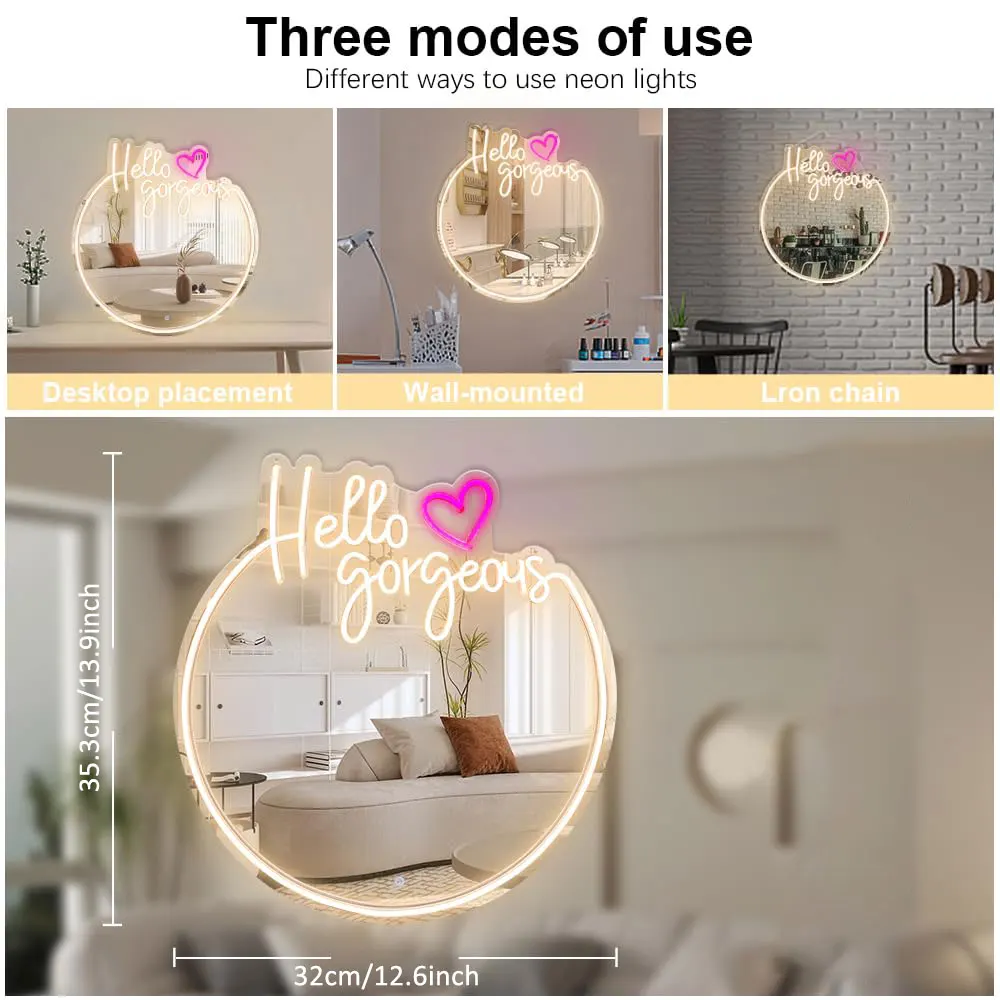  Hello Gorgeous Mirror LED Neon Sign USB Dimmable Neon Light Sign for Gameroom Bedroom Bar Livingroom Party Gift Wall Gift