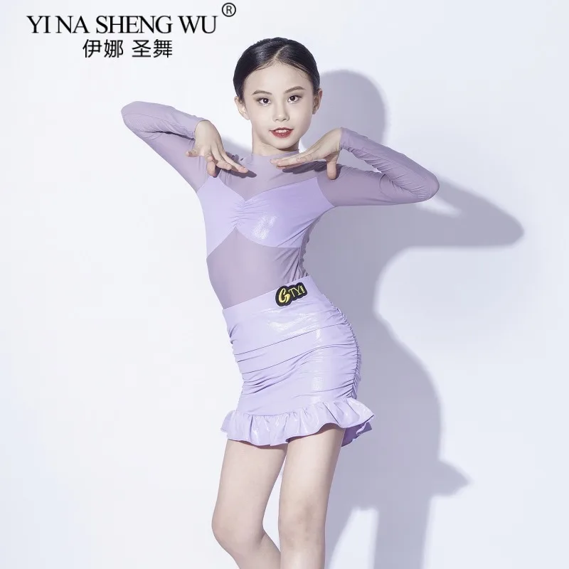 ชุดเต้นลาตินสีม่วงสำหรับเด็กผู้หญิง แขนยาว ผ้าตาข่าย ชุดจั๊มสูทและกระโปรง ชุดแสดงและฝึกซ้อมเต้นลาติน ชะชะช่า รุมบ้า