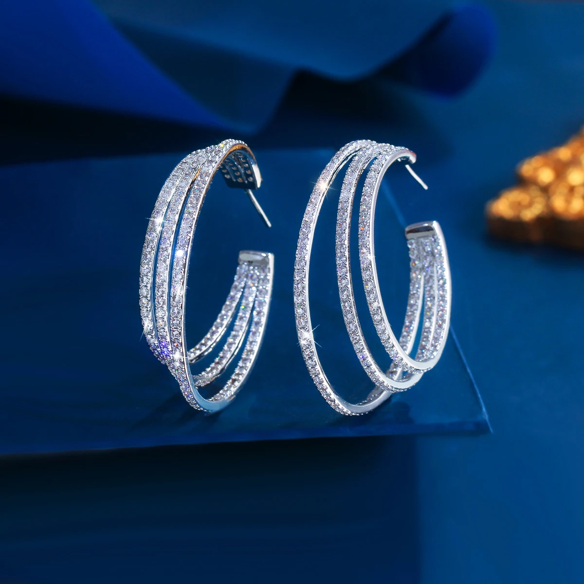 CWWZircons 3 Circle Bling Cubic Zirconia Pave Luxury Yellow Gold Color Big Round Geometric Triple Hoop Earrings for Women CZ581
