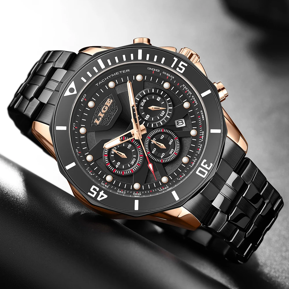 LIGE Men Watches Luxury Trend Quartz Calendar Waterproof Multi Function Fancy Round Watch For Men Stainless Automatic Date Watch