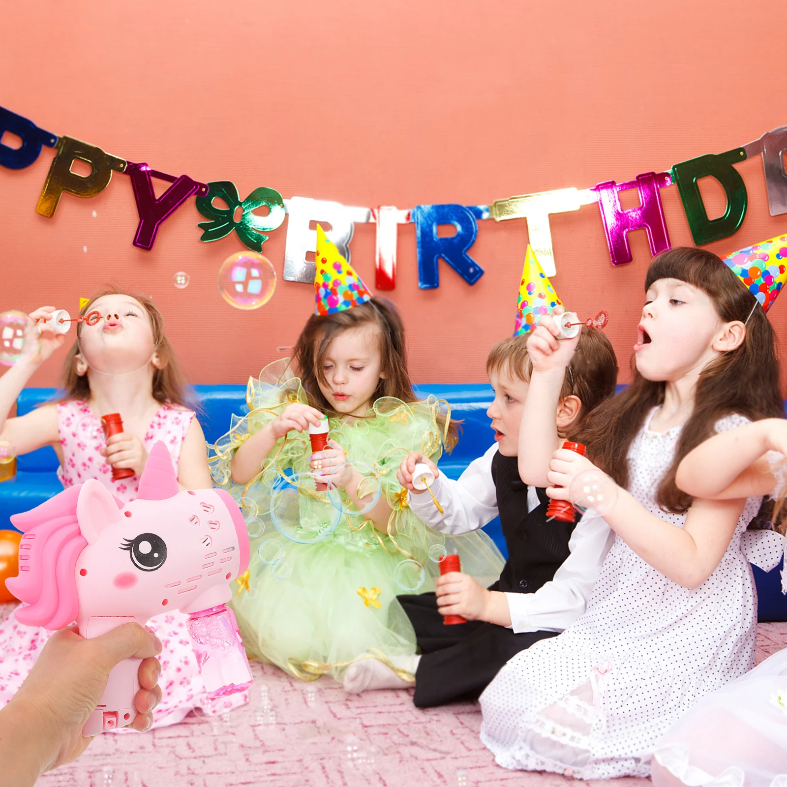 自動電気バブルメーカー ユニコーン ハンドヘルド カラフルな泡なし 屋外パーティー遊具 ポータブル 愛らしいデザイン