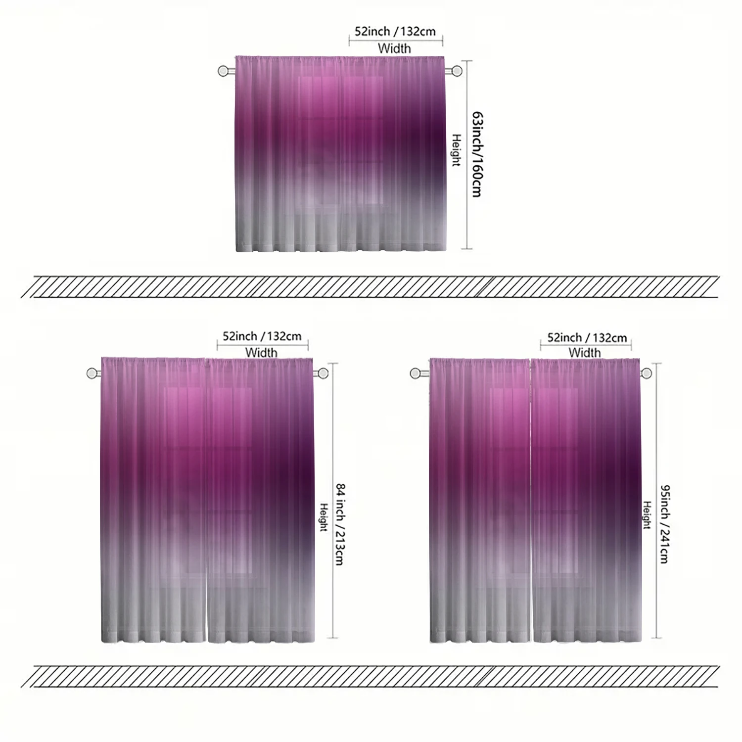 2 Pieces HD Digital Purple Gradient Geometry Printed Window Screen Home Decor Style Decoration Living Room Bedroom Rod