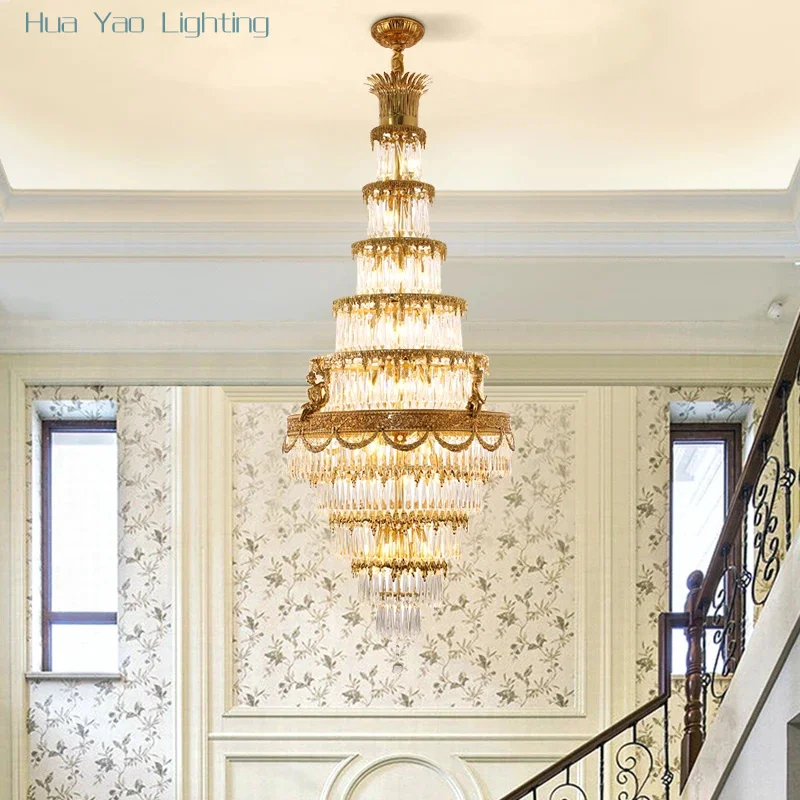 European Classic Design Villa Decoration Large Copper Crystal Chandelier Luxury Home Hall Gold Lamps