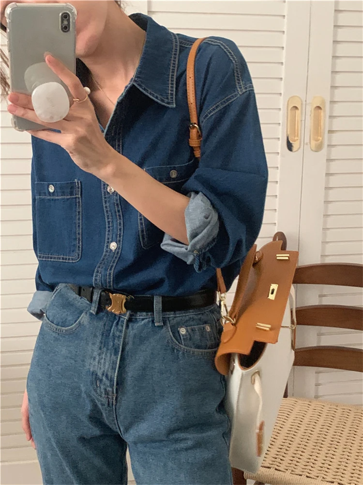 BL9805 New 2024 Korean Fashion Denim Office Lady Female Oversized Women Blouses Shirts Spring Summer Vintage Elegant Lady Tops