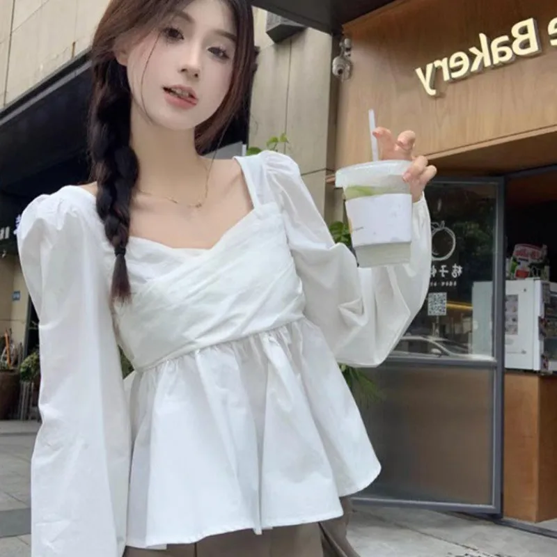 Square Collar Women Shirt Korean Style Puff Long Sleeve Top Female Autumn Ruffles Fashion Woman Blouse 2024 White Clothes New