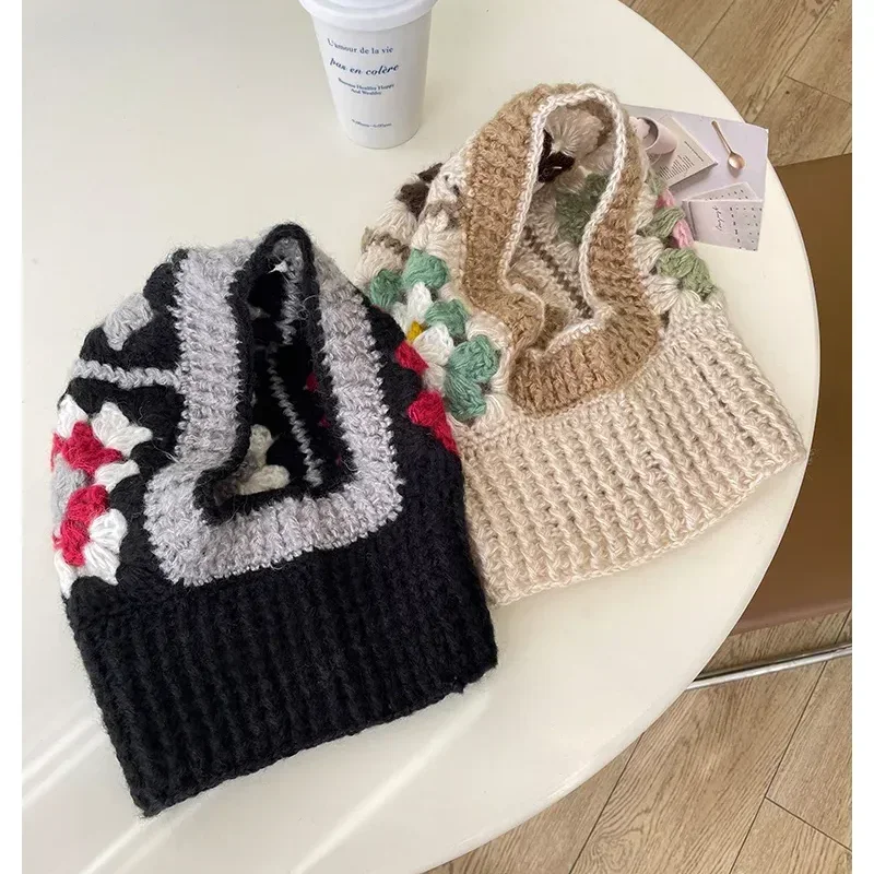 

Handmade Crochet Balaclava Hats for Women Autumn and Winter Wool Knitted Pullover Beanies Cap Neck Warmer Female Hooded Caps