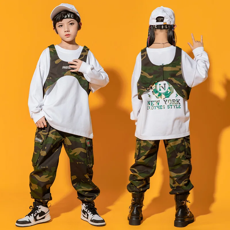 Novas roupas de dança jazz masculinas e femininas, roupas camufladas infantis, ternos de dança de rua modernos e modernos para crianças