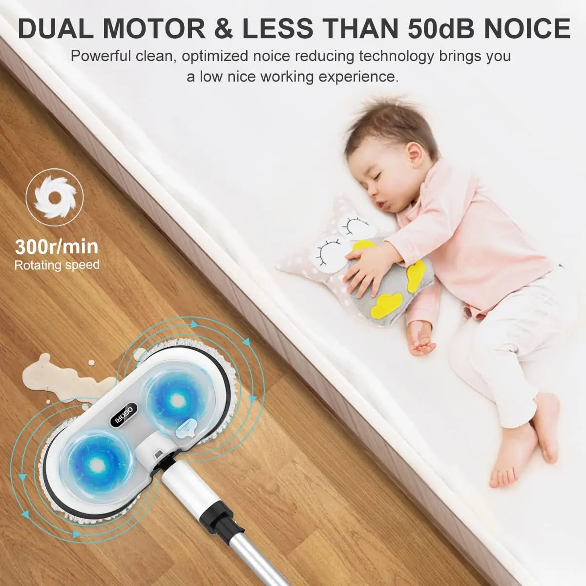 Cordless Electric Mop, Cordless Floor Cleaner Dual-motor Powerful Spin Mop w/Water Spray and LED Headlight, Self-Propelled Polic