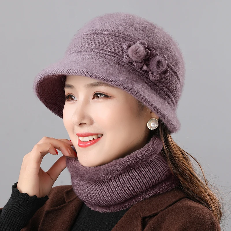 Warm Rabbit Hair Hat Elderly Mother Hat Autumn and Winter Women Bib Two-piece Set Simple Fashion Temperament Winter Basin Hat