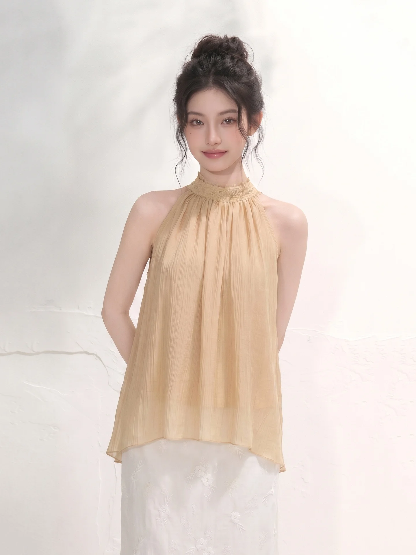 LIXIAOWAN Loose A-Line Sleeveless Women's Top Summer Beautiful Lace Design Hanging Neck Vest Breathable Comfortable Casual Wear
