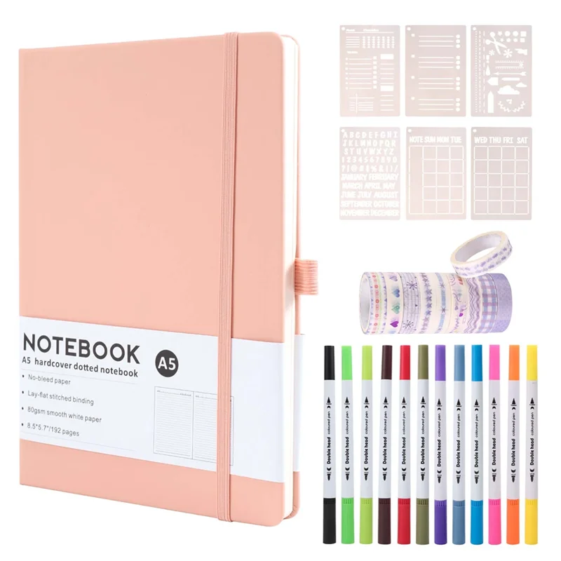 A34M-Dotted Journal Kit,A5 Hardcover Dotted Journal Notebook Numbered Pages,Dotted Journaling Kit For Beginner