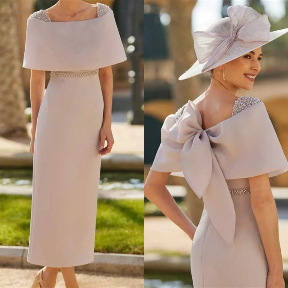 

Customized Delicate champagne Jersey Evening Dress Temperament Square Collar Short Sleeves Cocktail Dress Classic Party Dress